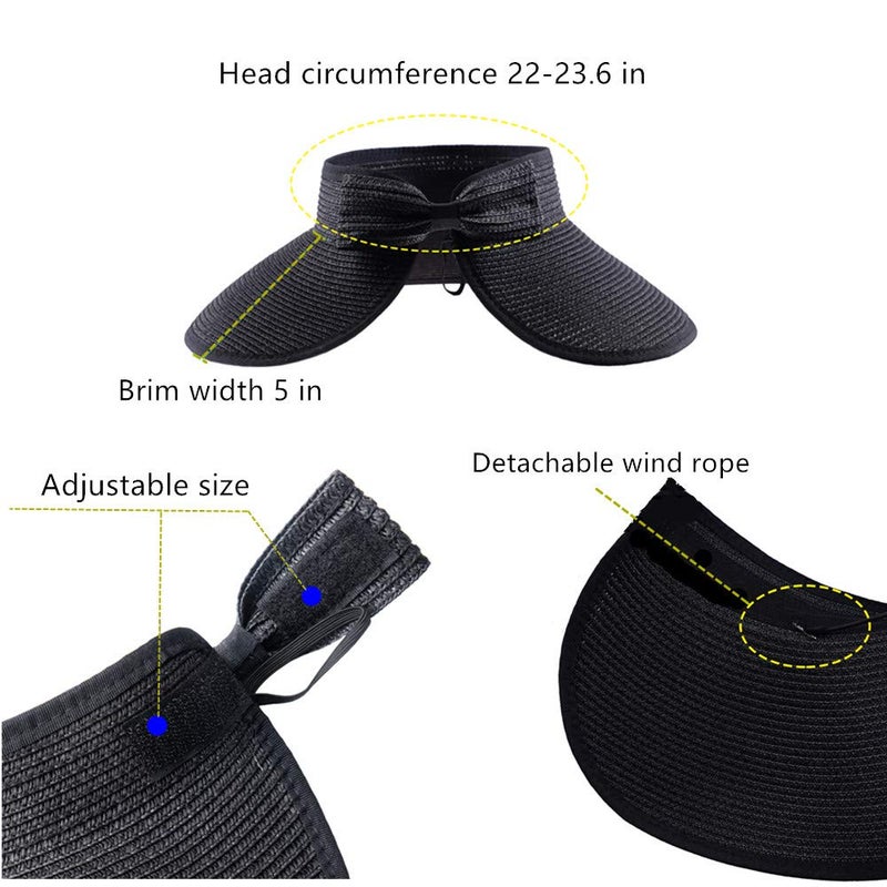 UOUDIO Sun Visor Hats Summer Wide Brim Clip on Beach Adjustable Large Brim Cap Golf Hat for Women Black - Image 5